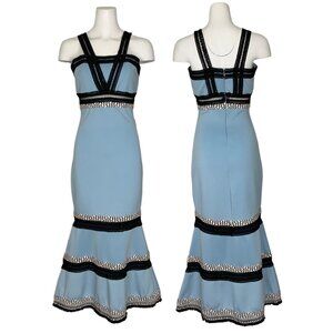 Iorane Trumpet Dress 40 US/M Blue Sleeveless Fringe Trim Mermaid Midi Hem Party